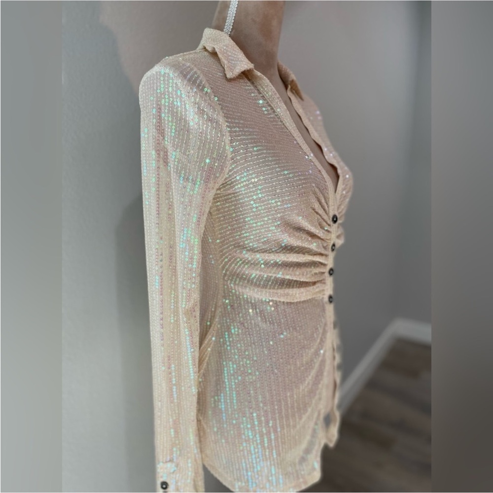 NWT Free People Ivory Sequin Button-Down Blouse - Picture 3 of 7